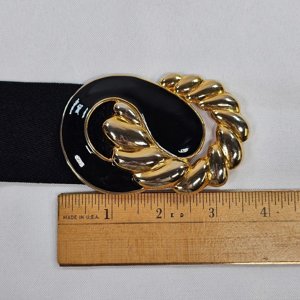 Vintage Black Enamel Gold Tone Twisted Rope Buckle Elastic Cinch Waist Belt